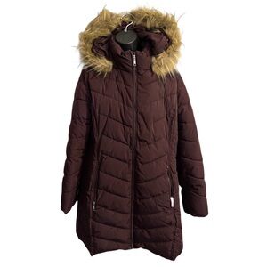 Tommy Hilfiger XL maroon 3/4 length hooded winter jacket with fur trim